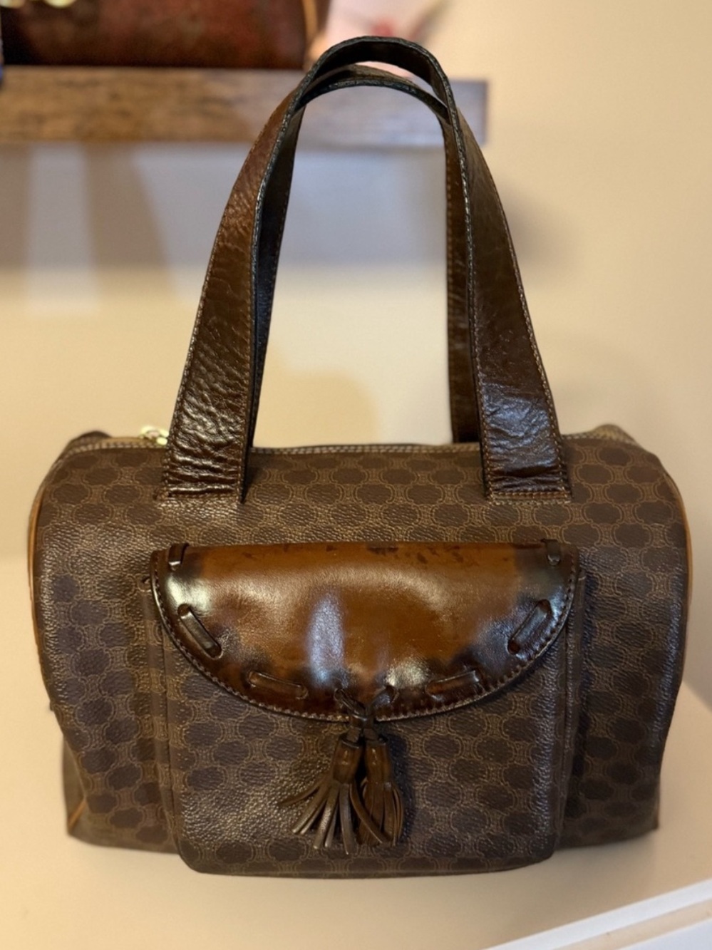 CELINE Macadam Boston Bag Brown PVC & Leather Satchel Top Handle Handbag